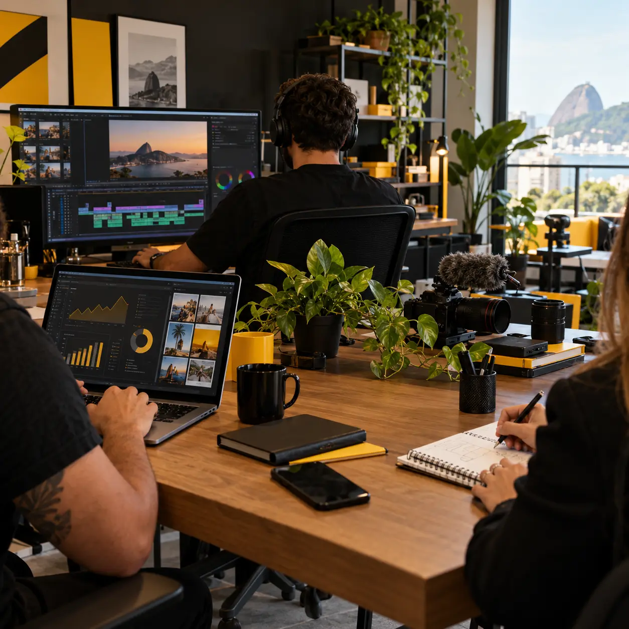 Equipe da FJ Marketing trabalhando em conteúdo e análise de campanhas no escritório